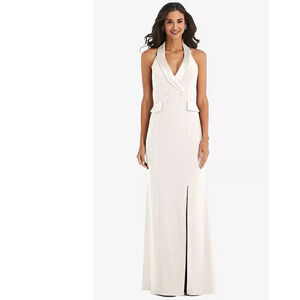 NEW! After Six Size 12 Crepe Halter Tuxedo Max Dress Ivory $242 msrp I22-3